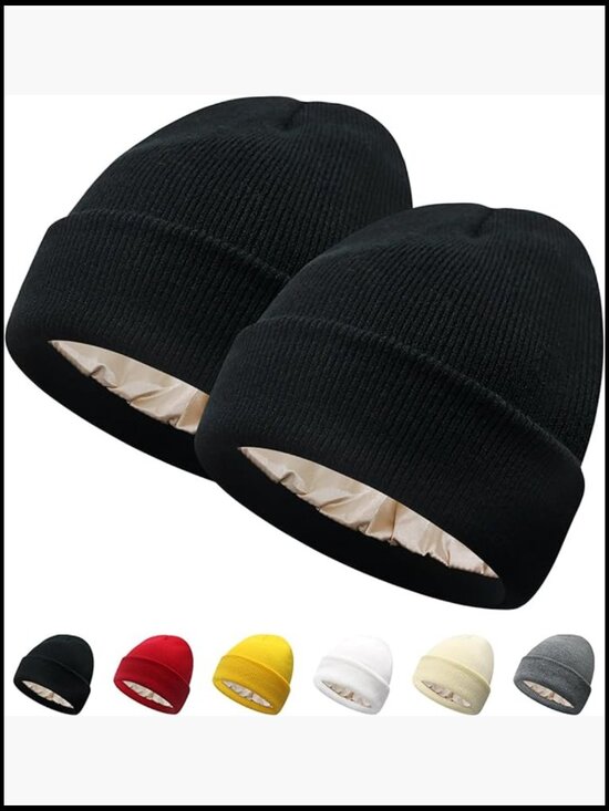 Satin Lined Beanie Hair Protection Winter Hat Knit Skull Cap
